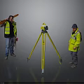Construction Workers With High Visibility Vests Using Yellow Tripod Surveying Instrument