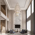 Duplex Living Room Interior With High Ceiling Crystal Chandelier And Marble Accent Wall
