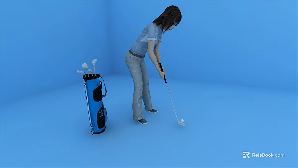 Woman Swinging Golf Club Next to Blue Golf Bag with Golf Clubs 3d model 