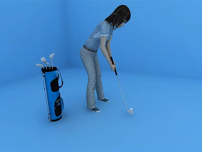 Woman Swinging Golf Club Next to Blue Golf Bag with Golf Clubs 3d model