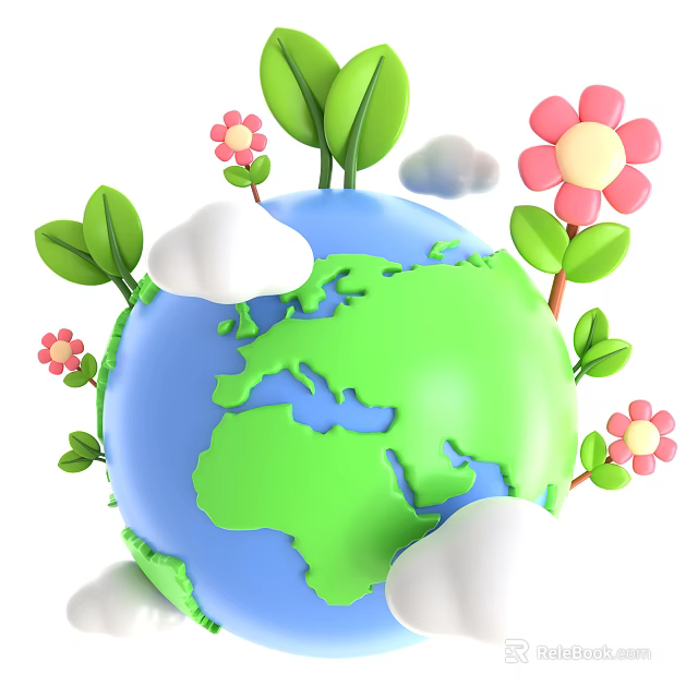 Decorative Ornament Set Featuring Earth Globe Pink Flowers Green Leaves And White Clouds 3d model 
