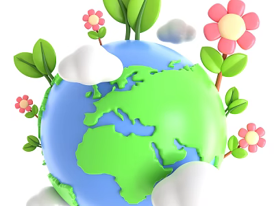 Decorative Ornament Set Featuring Earth Globe Pink Flowers Green Leaves And White Clouds 3d model