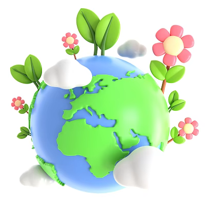Decorative Ornament Set Featuring Earth Globe Pink Flowers Green Leaves And White Clouds 3d model