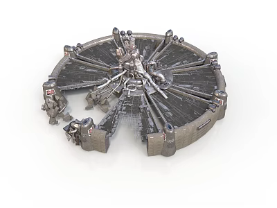 Detailed Sci-Fi Circular Metallic Platform With Central Machinery And Surrounding Modules 3d model