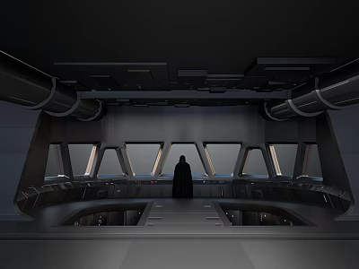 Sci-Fi Control Room With Black Cloaked Figure Dark Interior Large Windows and Industrial Ceiling Pipes 3d model