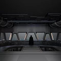 Sci-Fi Control Room With Black Cloaked Figure Dark Interior Large Windows and Industrial Ceiling Pipes