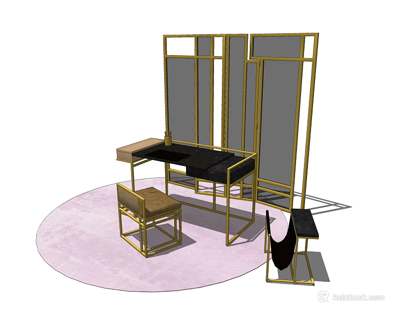 Elegant Modern Table and Chair Set With Gold Frame and Pink Round Rug 3d model 