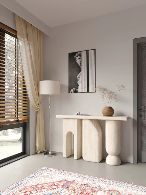 Modern Entryway Console Table With Side Cabinet Floor Lamp Wall Art And Dried Flower Vase 3d model 