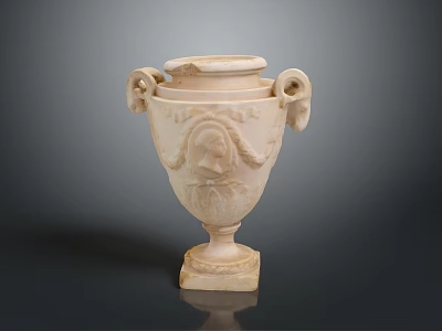 Antique White Ceramic Vase With Double Handles Carved Face Design And Square Base 3d model