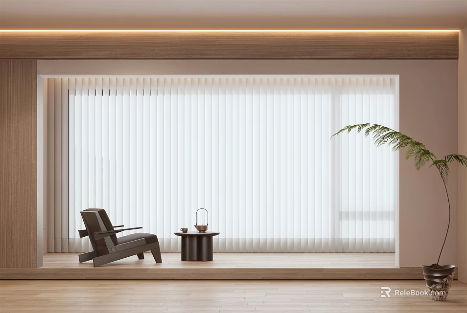 White Vertical Blinds In Modern Living Space With Armchair Side Table And Green Plant 3d model 