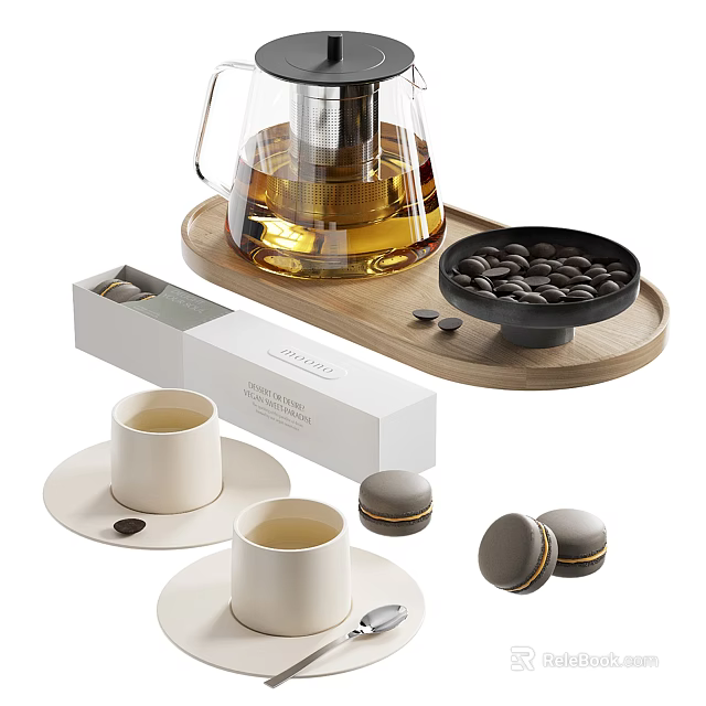 Elegant Tea Set with Glass Teapot Wooden Tray White Teacups and Black Tea Bowl 3d model 