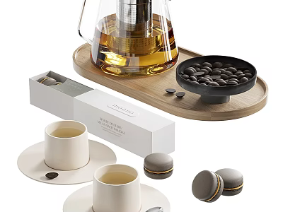 Elegant Tea Set with Glass Teapot Wooden Tray White Teacups and Black Tea Bowl 3d model