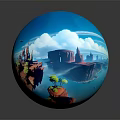 Vibrant Cartoon Landscape With Floating Rock Formations And Blue Lagoon