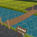 Scenic Rope Bridge With Wooden Plank Deck Over Water Area Near Rice Field