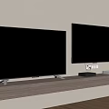 Two Modern TVs On Wall With Wooden Shelf And Media Devices