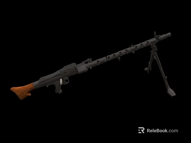 Classic Machine Gun Design With Wooden Stock Tripod Stand And Metal Ventilated Barrel 3d model 