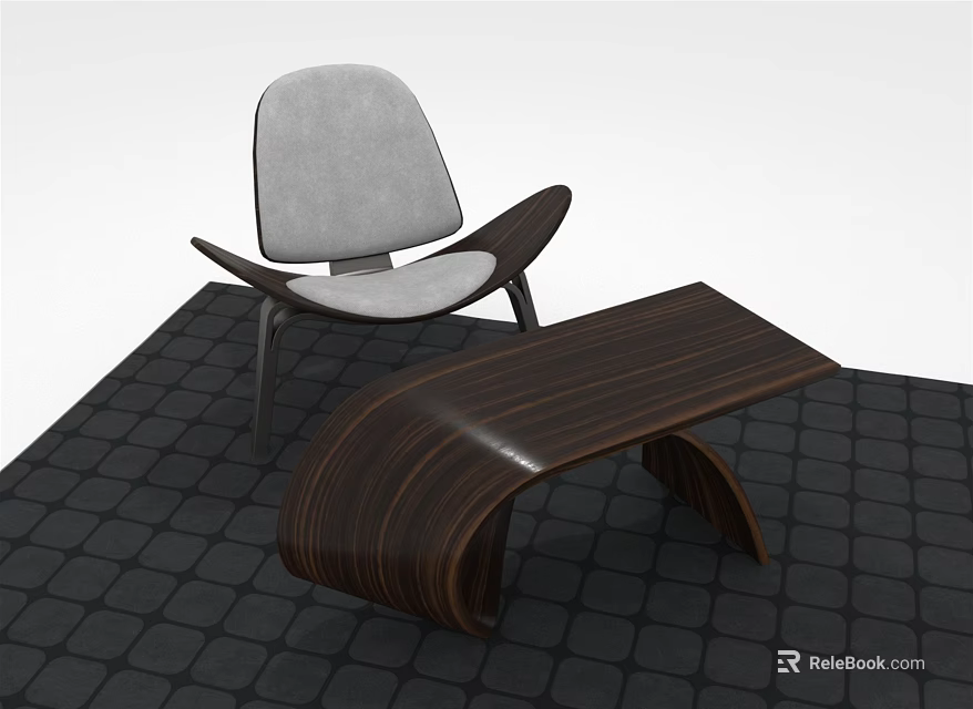 Modern Wooden Coffee Table With Curved Design And Gray Accent Chair On Black Tiled Floor 3d model 