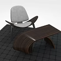 Modern Wooden Coffee Table With Curved Design And Gray Accent Chair On Black Tiled Floor