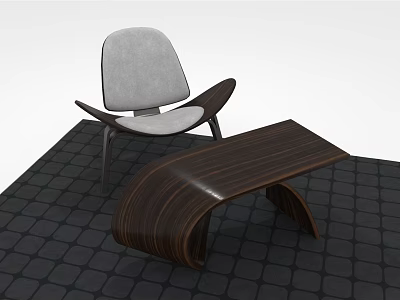 Modern Wooden Coffee Table With Curved Design And Gray Accent Chair On Black Tiled Floor 3d model