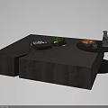 Modern Textured Wooden Coffee Table With Black Tray Green Plant Circular Table Candle Glass Vase