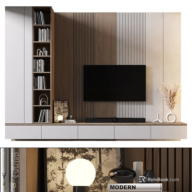 Modern TV Background Wall Design With Wooden Stripes TV Stand And Decorative Shelves 3d model 