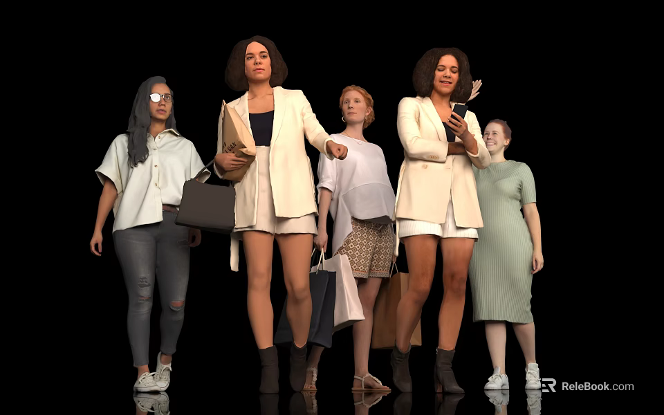 Group of Women Walking With Shopping Bags Handbags and Phones in Stylish Outfits on Black Background 3d model 
