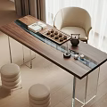 Modern Tea Table Set with Wooden Top Glass Inlay Metal Legs Beige Chair and Stools