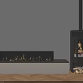 Modern Fireplace Interior With Built In Flames And Free Standing Stove With Firewood Stack