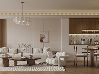 Modern Open Living Dining Room With Sofa Coffee Table And Dining Area 3d model