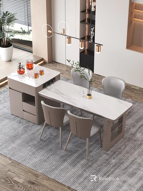 Modern Tea Table And Chairs With White Marble Surface Grey Seats Side Cabinet And Tea Sets 3d model 
