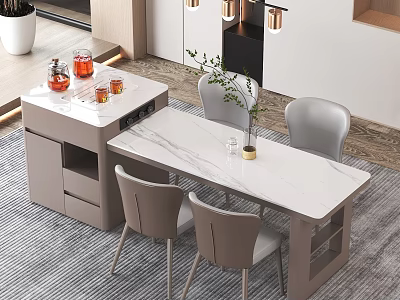 Modern Tea Table And Chairs With White Marble Surface Grey Seats Side Cabinet And Tea Sets 3d model