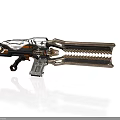 Futuristic Sci Fi Weapon With Metallic Finish Orange Accents Serrated Components And Mechanical Details