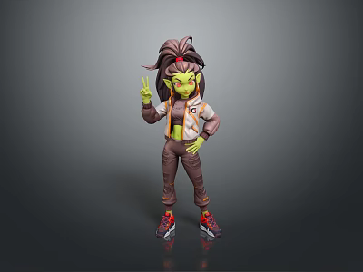 Game Movie Character With Green Skin Ponytail White Jacket Brown Pants Red Sneakers V Sign 3d model