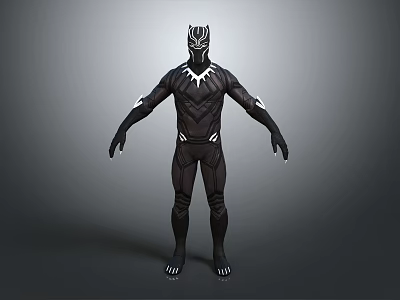 Game and Movie Superhero Character Black Panther in Black Combat Suit with White Patterns Standing Pose 3d model