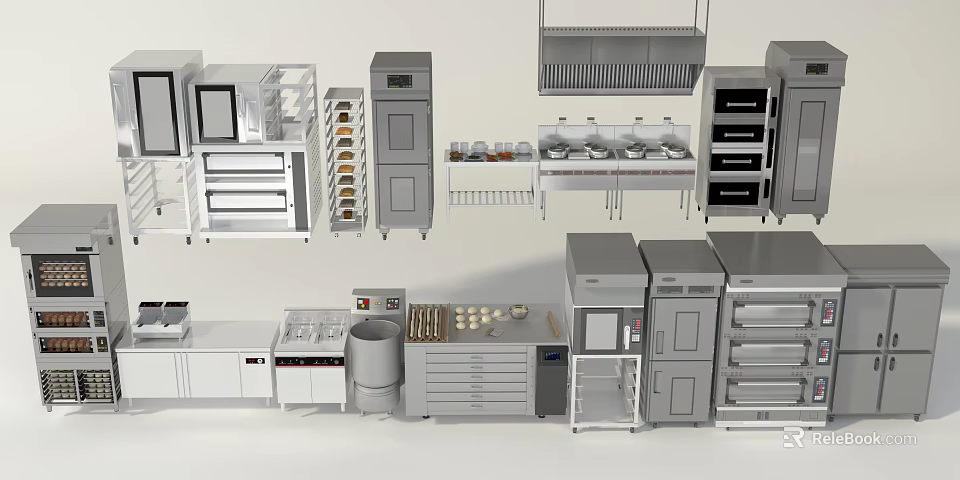 Modern Stainless Steel Kitchen Appliances with Ovens Refrigerators Ranges and Cabinets 3d model 