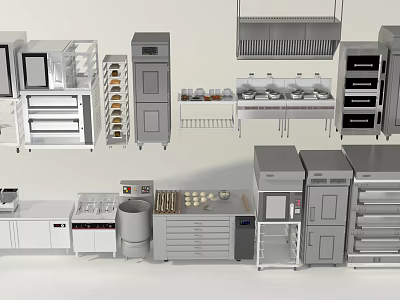 Modern Stainless Steel Kitchen Appliances with Ovens Refrigerators Ranges and Cabinets 3d model