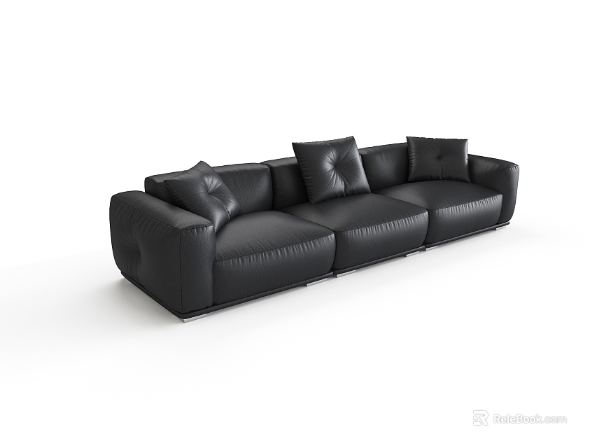 Modern Black Leather Three-Seater Sofa With Plush Cushions And Contemporary Design 3d model 