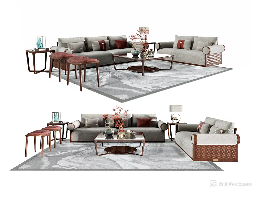 Modern Sofa And Coffee Table Set With Decorative Pillows Side Tables And Area Rug 3d model