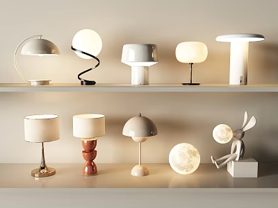 Various Modern Table Lamps With Different Shapes And Styles On Shelves 3d model