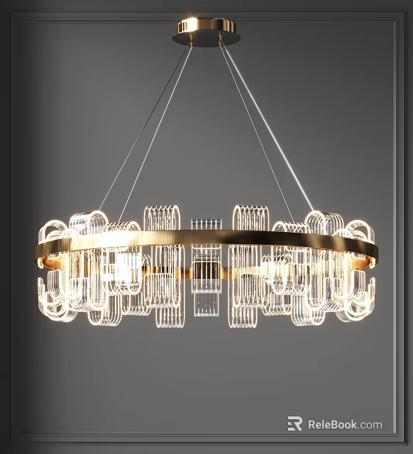 Modern Brass Ring Chandelier With Crystal Glass Pendants And Illuminated Glow 3d model 