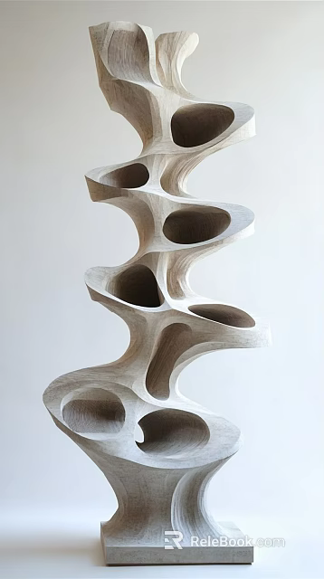 Intricate Modern Wooden Carved Sculpture With Layered Curved Design And Hollowed Holes 3d model 