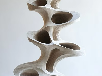 Intricate Modern Wooden Carved Sculpture With Layered Curved Design And Hollowed Holes 3d model