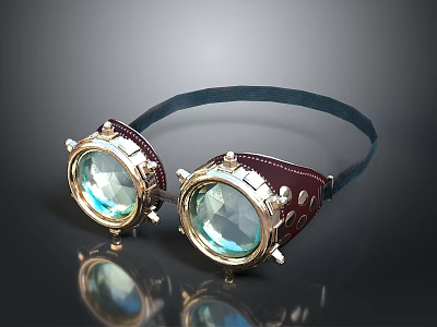 Steampunk Goggles With Dual Round Blue Lenses Leather Headband And Metal Accents 3d model