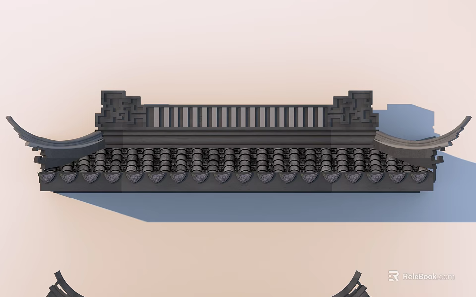 Traditional Chinese Building Exterior With Curved Eaves Black Roof Tiles And Wooden Railings 3d model 