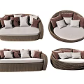 Outdoor Wicker Sofa with Round Rectangular Designs and Brown Beige Cushions 3d model