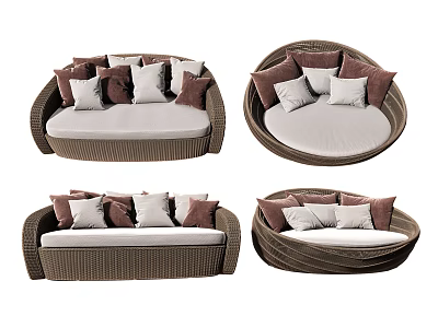 Outdoor Wicker Sofa with Round Rectangular Designs and Brown Beige Cushions 3d model