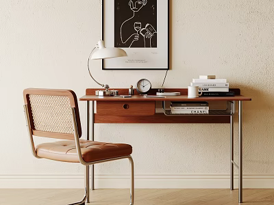 Minimalist Modern Wooden Desk With Table Lamp Alarm Clock Books And Framed Wall Art 3d model