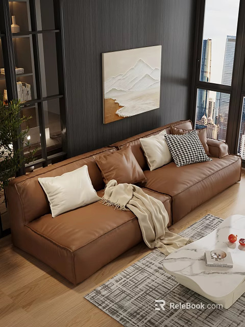 Modern Brown Leather Double Sofa With White Pillows And Beige Throw Blanket 3d model 