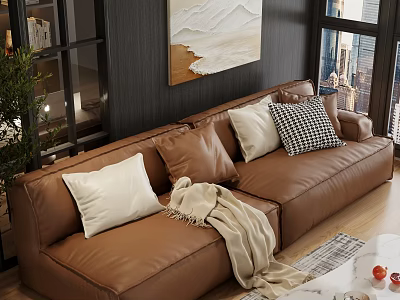 Modern Brown Leather Double Sofa With White Pillows And Beige Throw Blanket 3d model