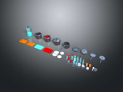 Everyday Household Supplies With Colorful Containers Plates Bottles And Tools 3d model